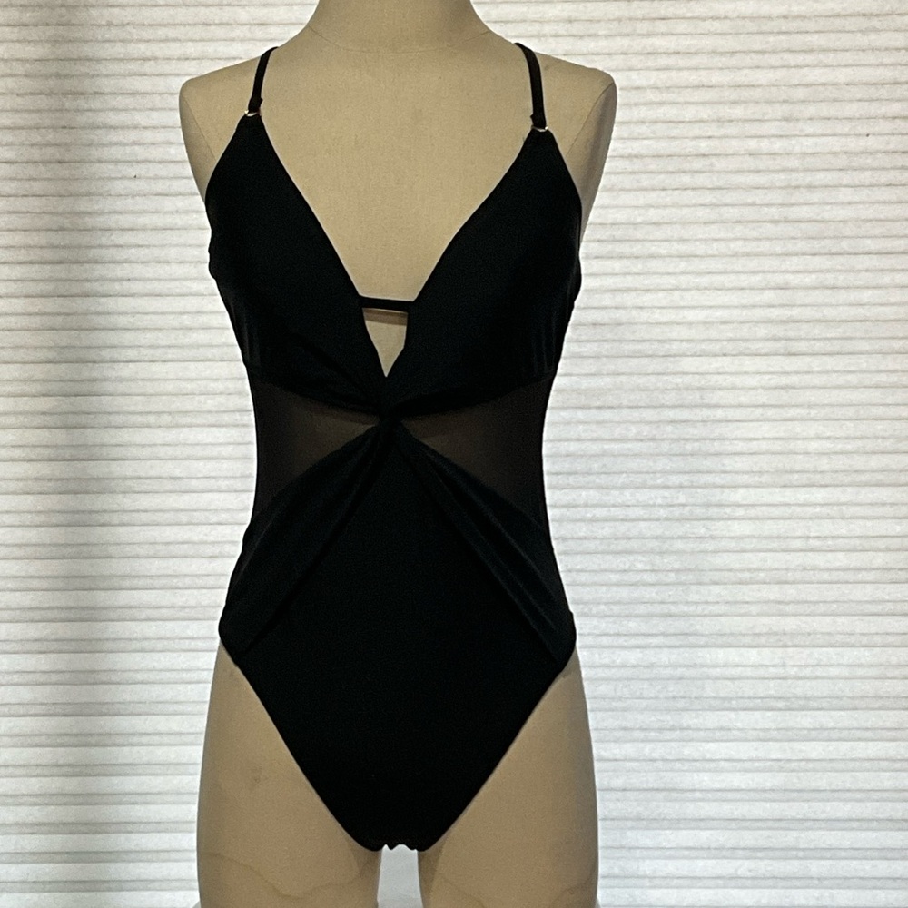 CUPSHE Solid Mesh Wrap Front Cutout Black One-Piece Swimsuit